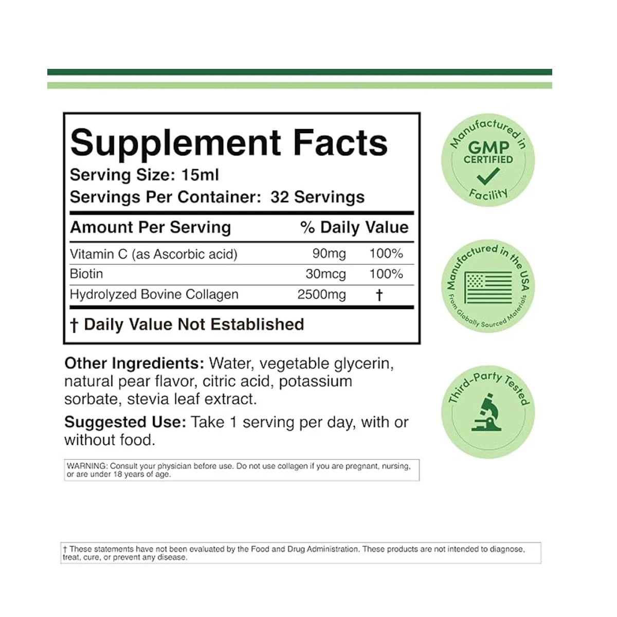 Double Wood Supplement Liquid Collagen Flavored Pear 16FL OZ 32 Serving ingredients