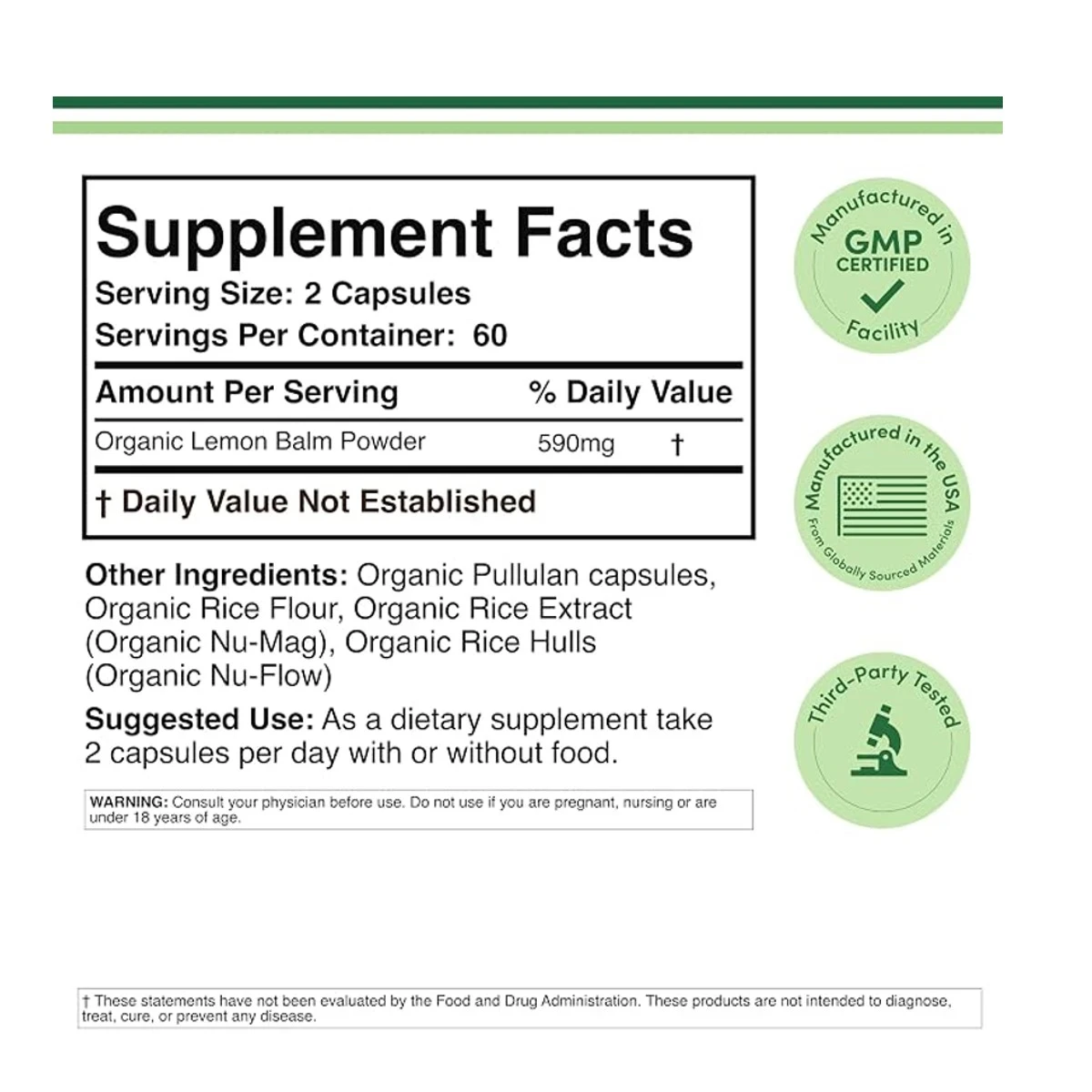 Double Wood Supplement Lemon Balm 590mg Per Serving 120 Capsules ingredients