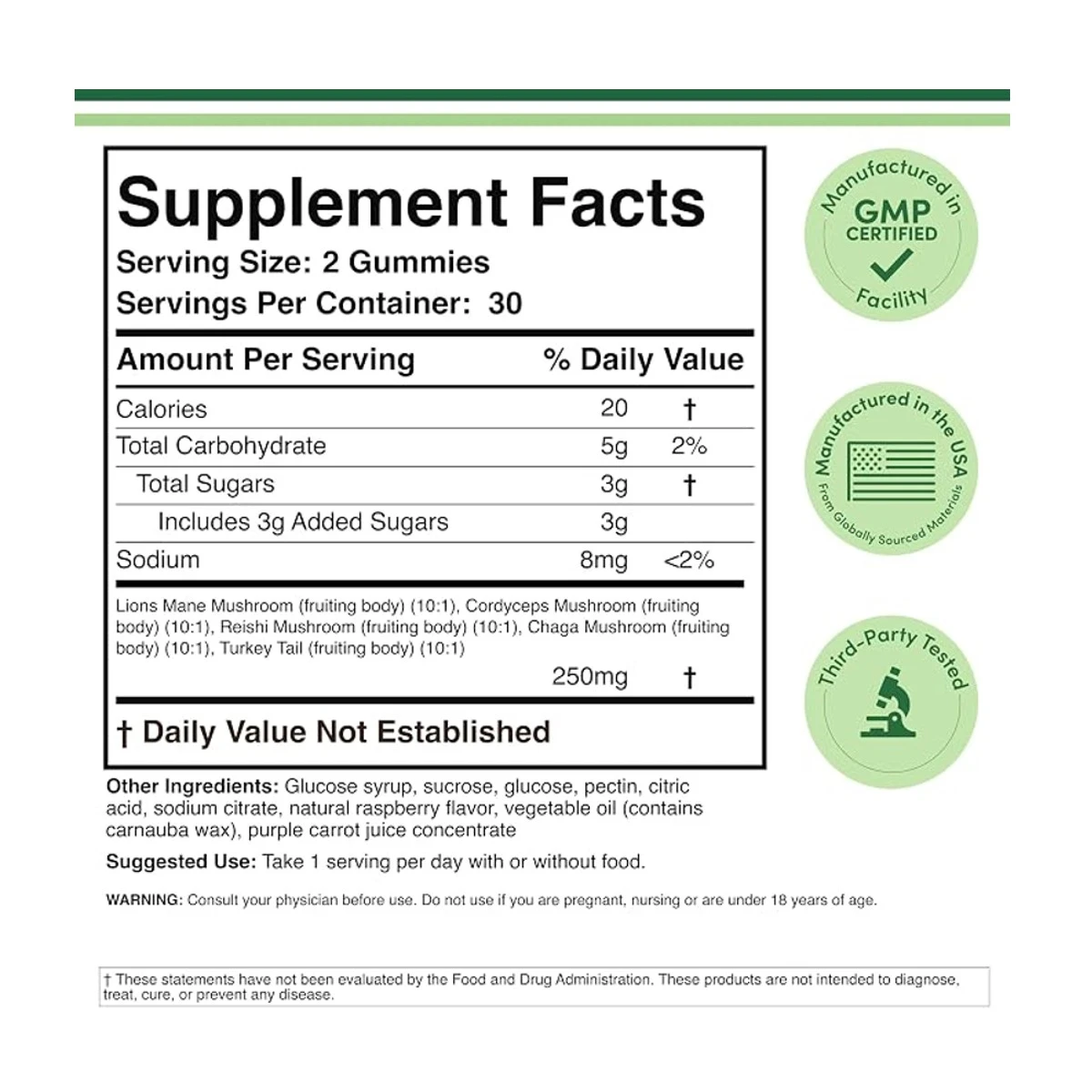 Double Wood Supplement Mushroom Gummies 250mg Per Serving 60 Gummies ingredients