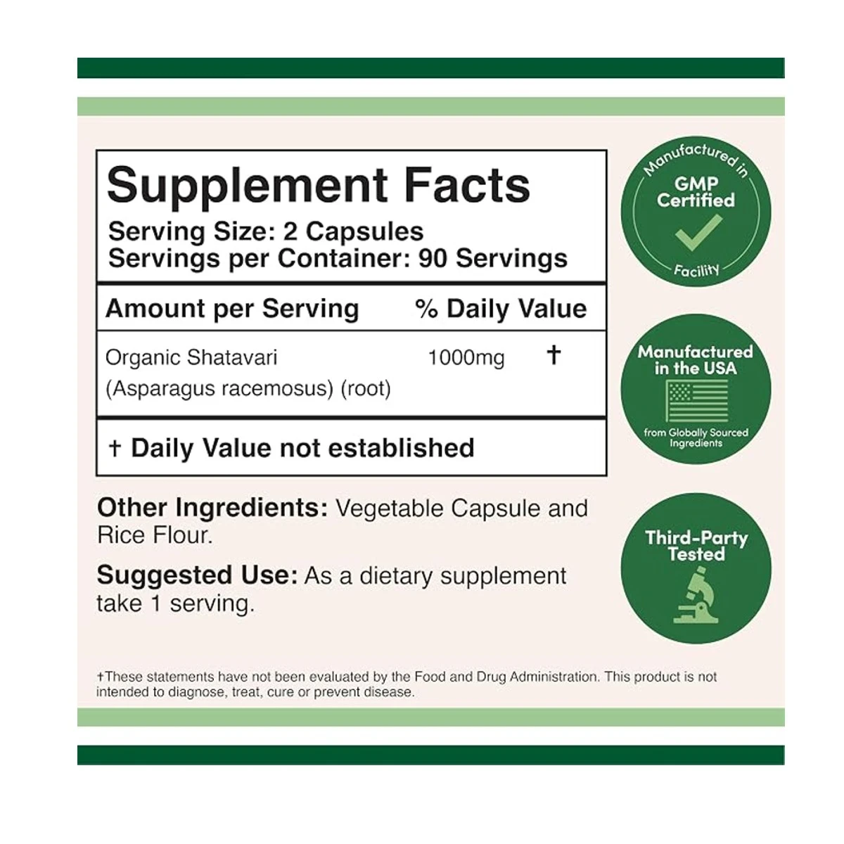 Double Wood Supplement Shatavari 1000mg Per Serving 180 Capsules ingredients