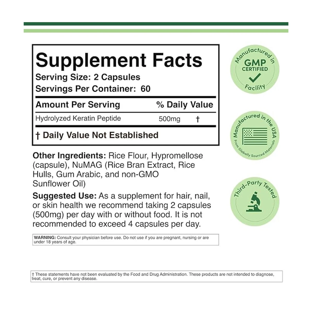 Double Wood Supplement Keratin 500mg Per Serving 120 Capsules ingredients