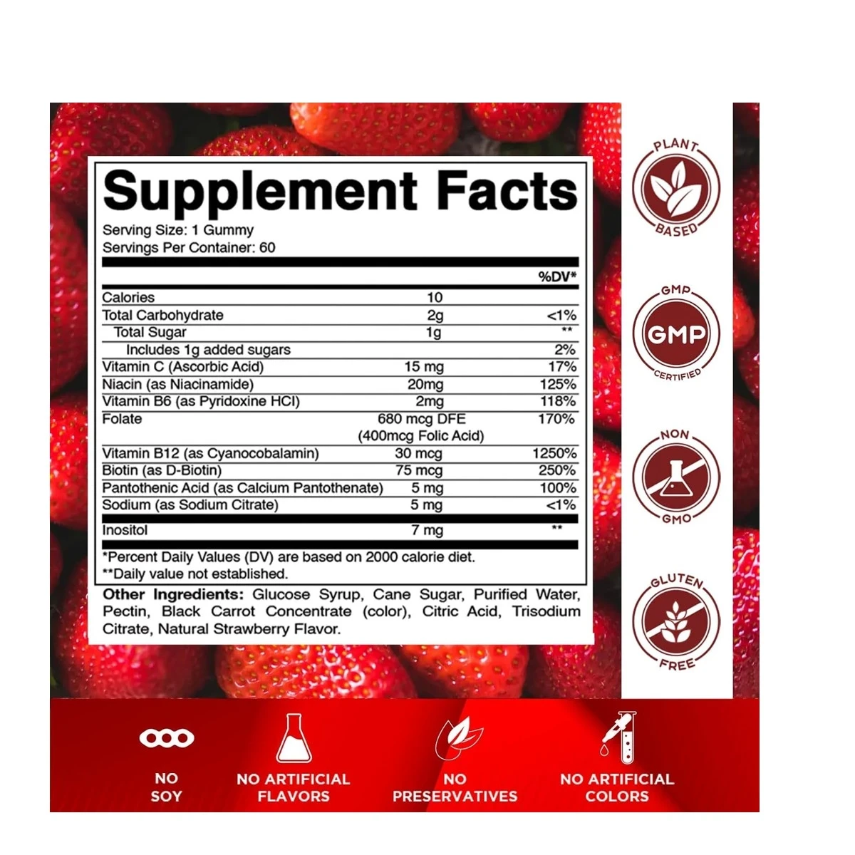 Vitamatic B-Complex with Vitamin C | 60 Gummies Natural Strawberry Flavor ingredients