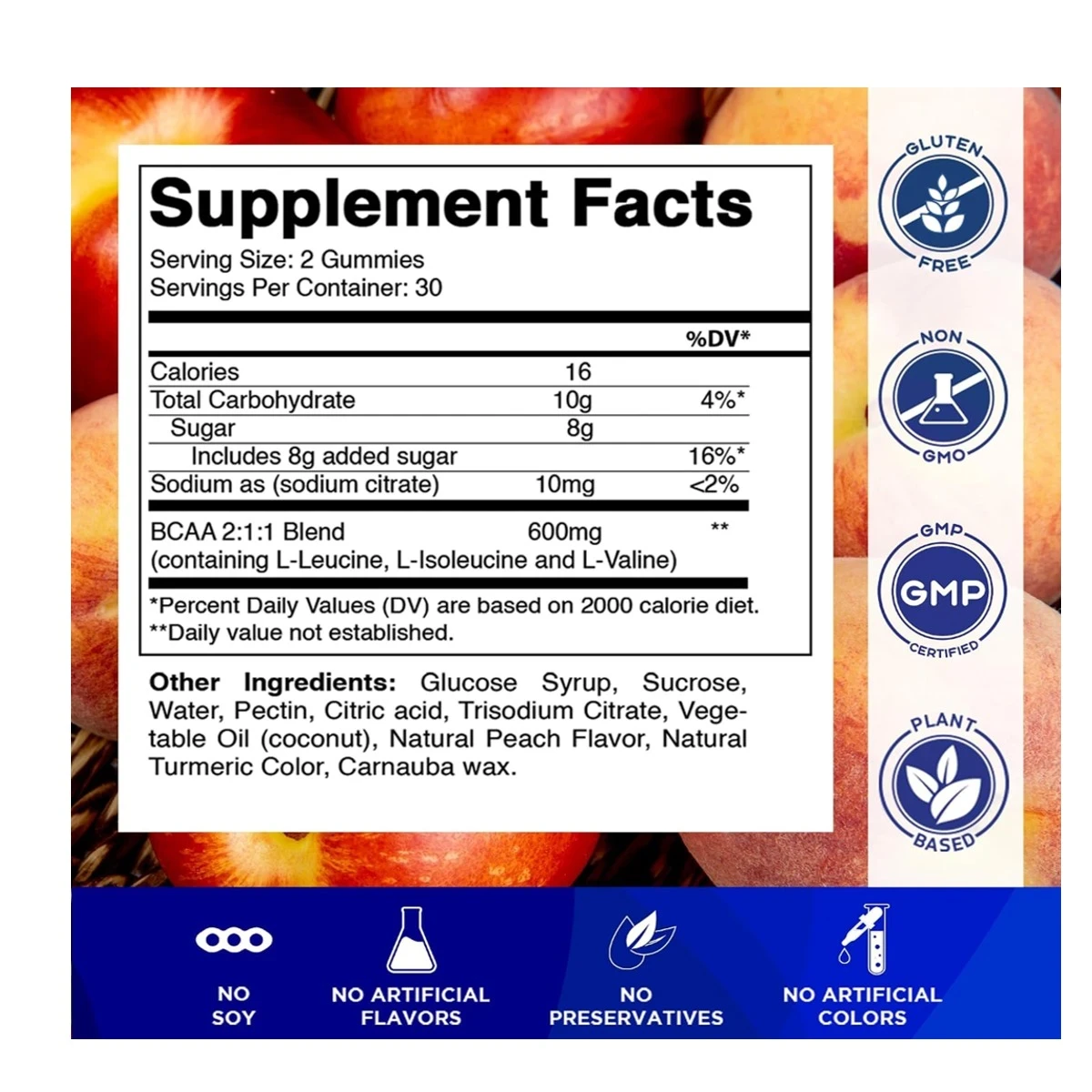 Vitamatic BCAA 600mg Flavor Peach 30 Serving 60 Gummies ingredients