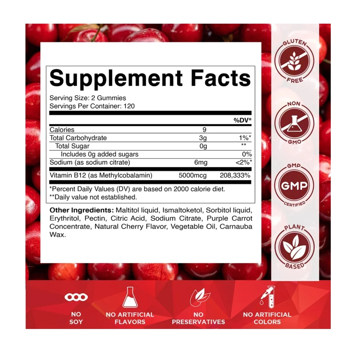 Vitamatic Methyl B12 Natural Cherry Flavor 5000 mcg 120 Gummies ingredients