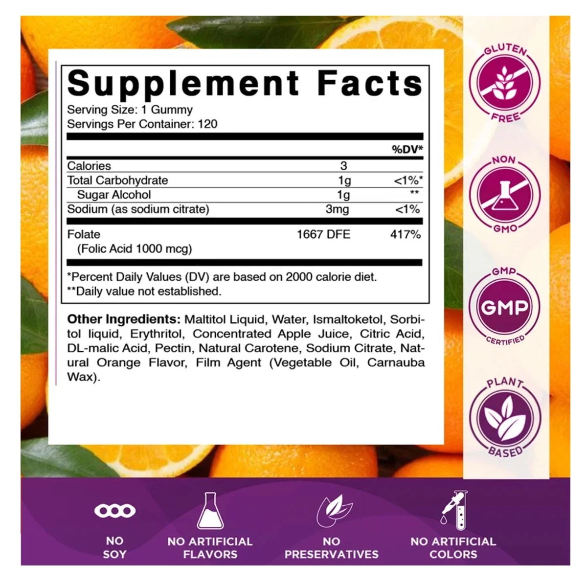 Vitamatic Sugar Free Folic Acid Natural Orange Flavor 1mg 1000mcg 120 Gummies ingredients