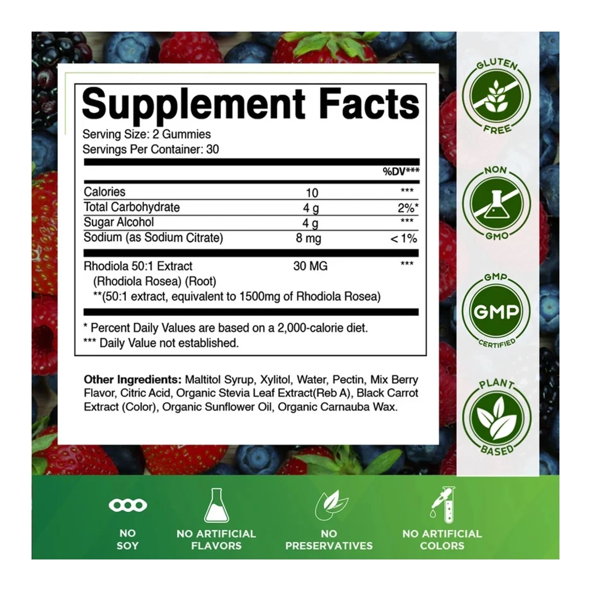 Vitamatic Rhodiola Rosea Gummies Mixed Berry Flavor 1500 Mg 60 Gummies ingredients