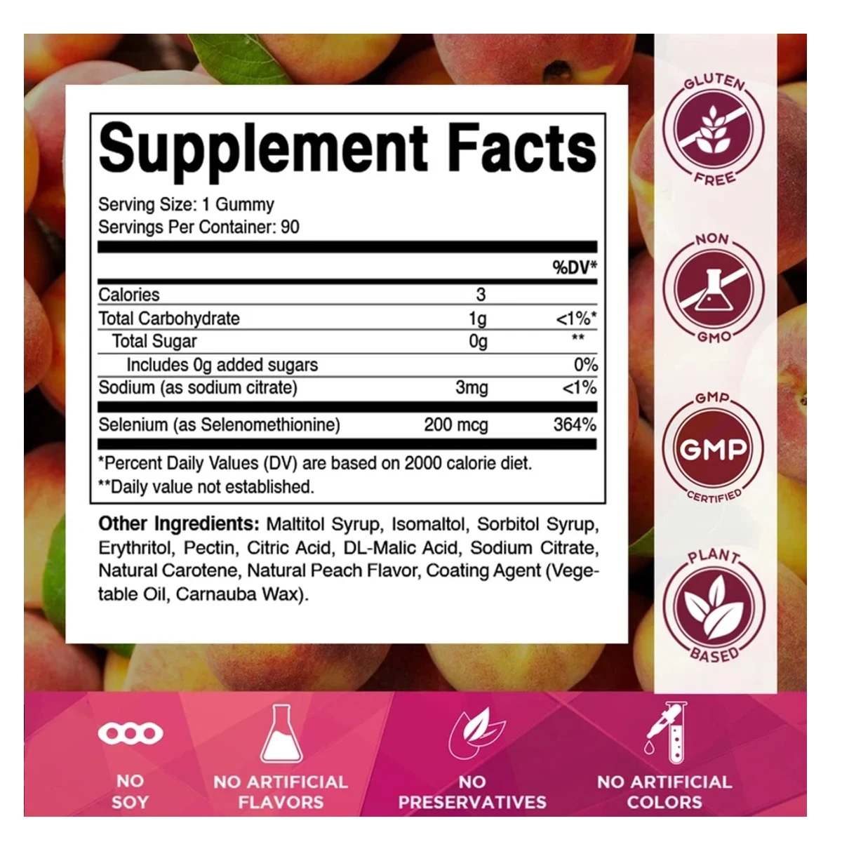 Vitamatic Yeast Free Selenium Natural Peach Flavor 200 mcg 90 Gummies ingredients