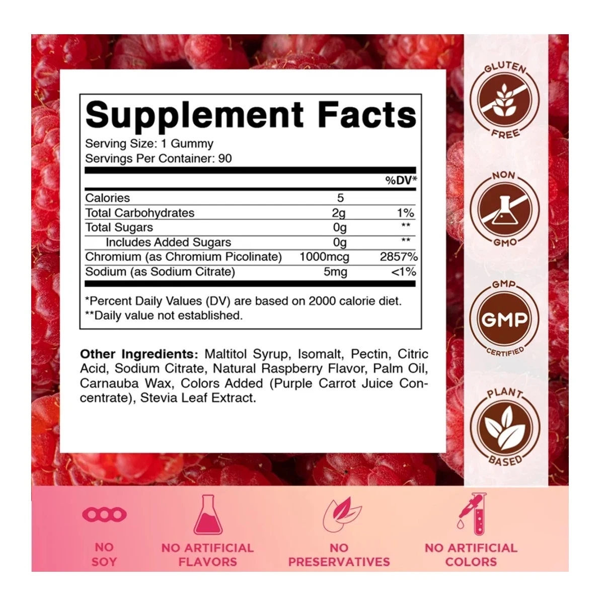 Vitamatic Chromium Picolinate Natural Raspberry Flavor 1000 mcg 90 Gummies ingredients