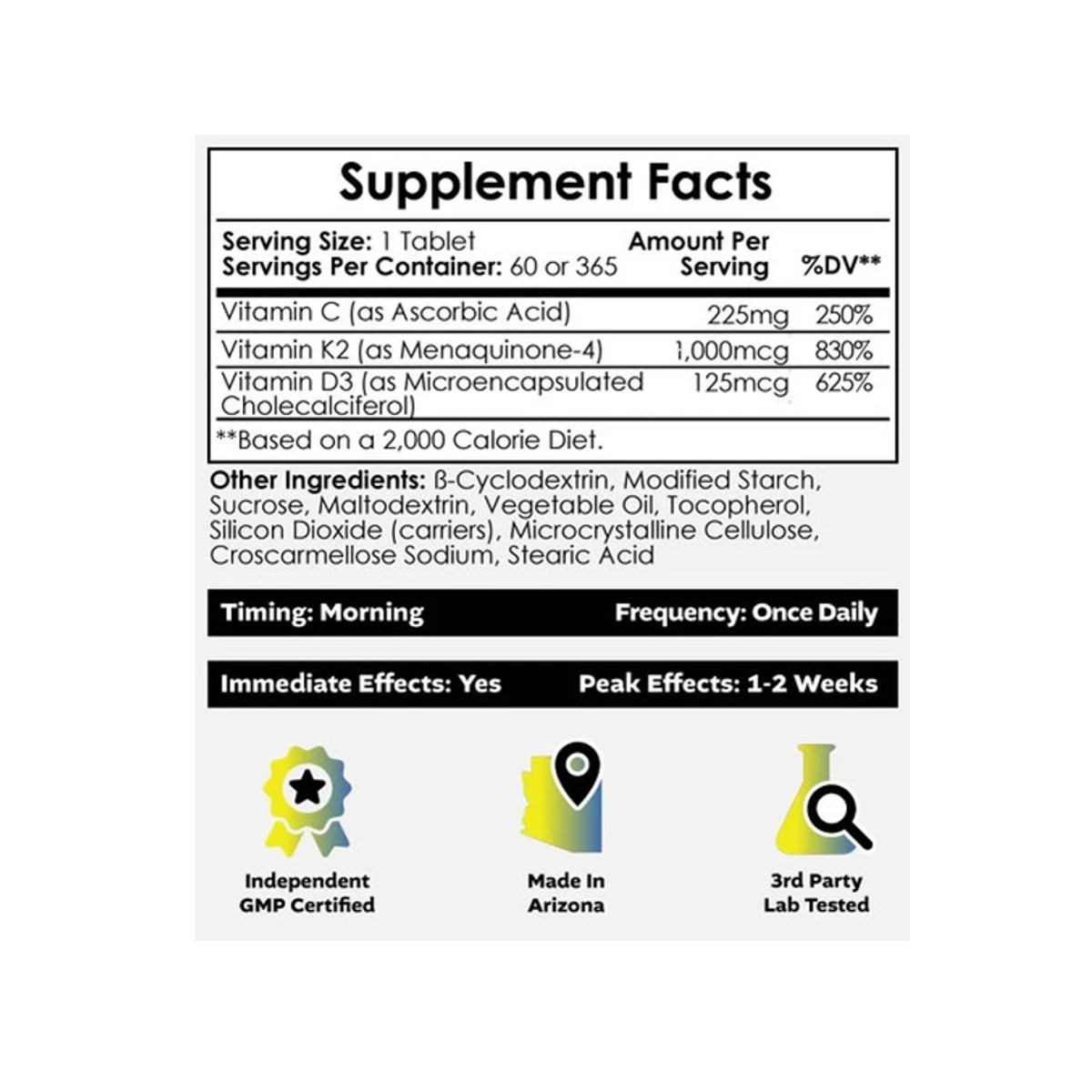 Nootropics Depot Vitamin D3 + K2 60 servings Tablets ingredients