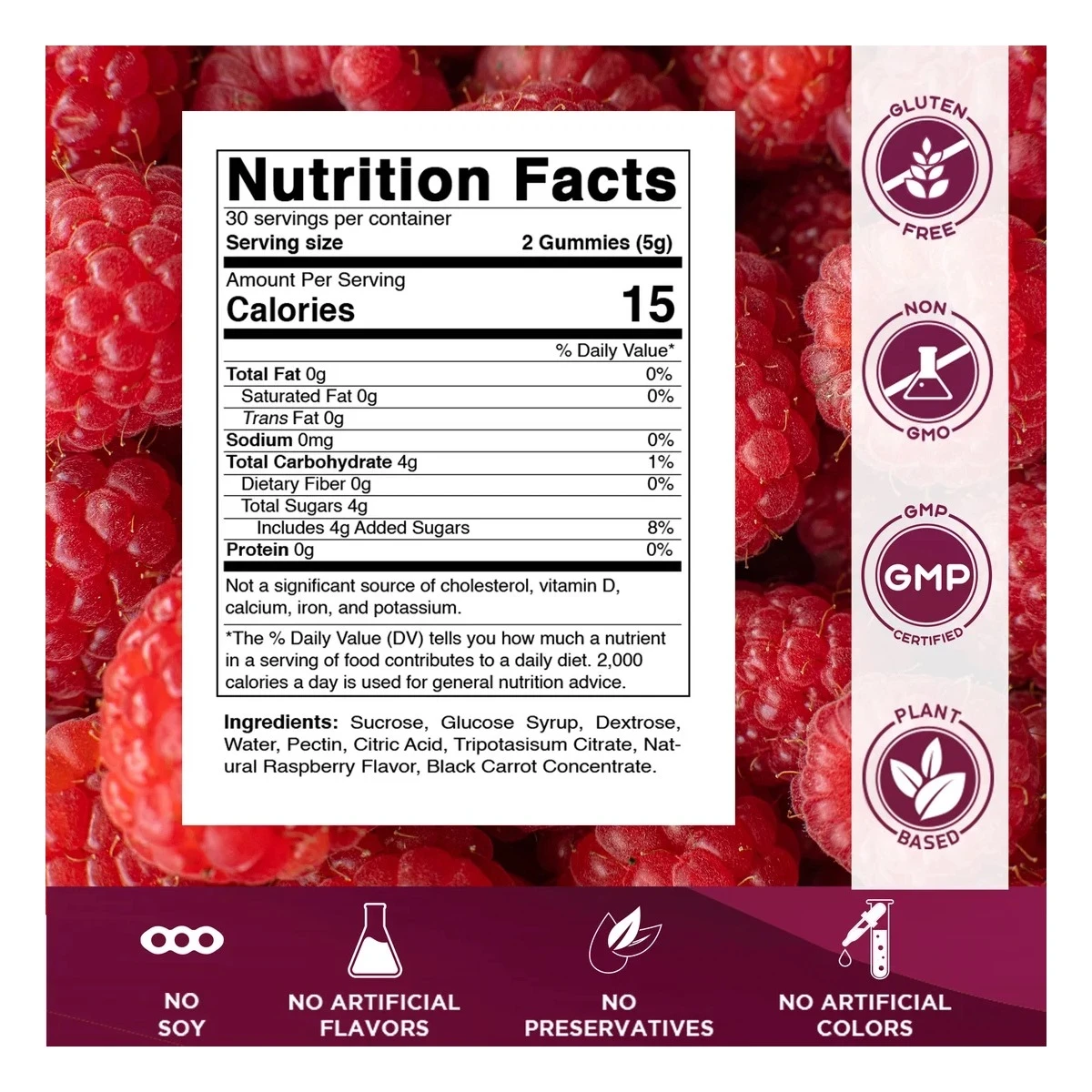 Vitamatic Glucose Energy Natural Raspberry 5.3oz 150g 60 Gummies ingredients