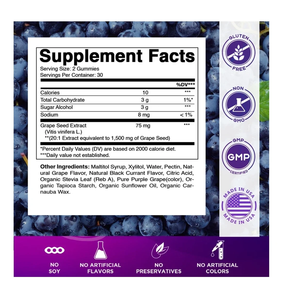 Vitamatic Grape Seed Extract 1500mg Per Serving 60 Gummies ingredients
