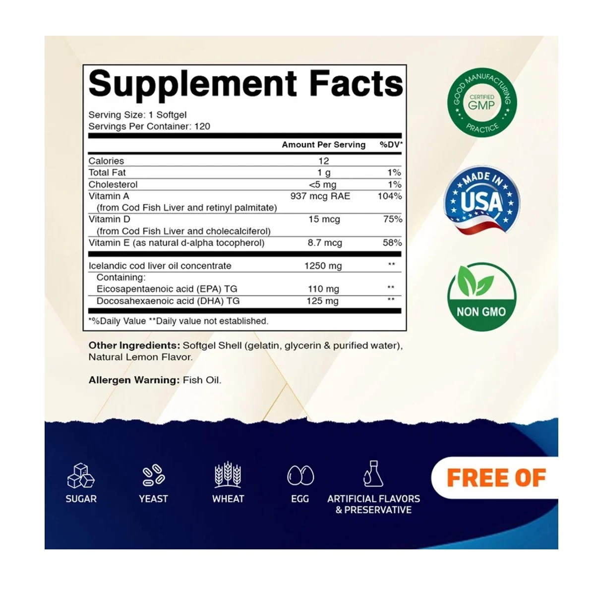 Vitamatic Icelandic Cod Liver Oil (Lemon Flavor) 1250mg 120 Softgels ingredients