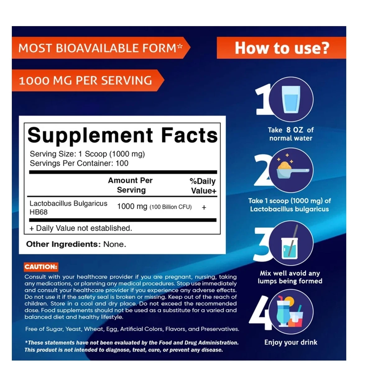 Vitamatic Lactobacillus Bulgaricus Probiotic 100 Gram 3.5 Oz 100 Powder ingredients
