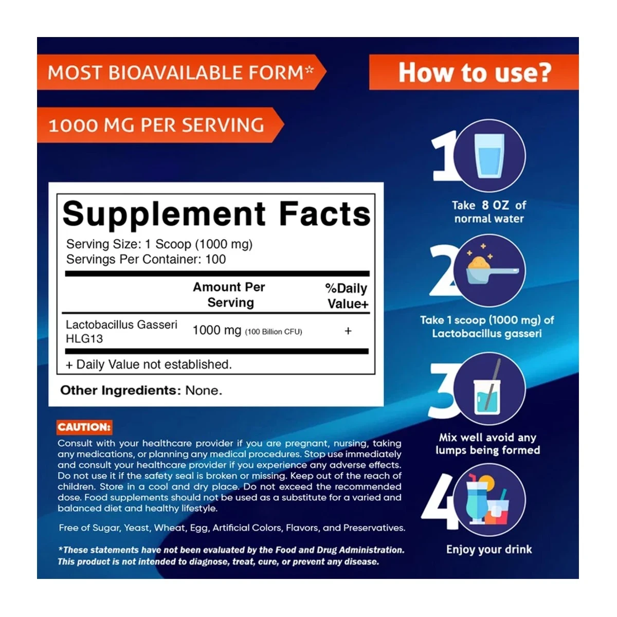 Vitamatic Lactobacillus Gasseri Probiotic Powder Digestive Health Support 100 Gram 100 Servings 3.5 OZ ingredients