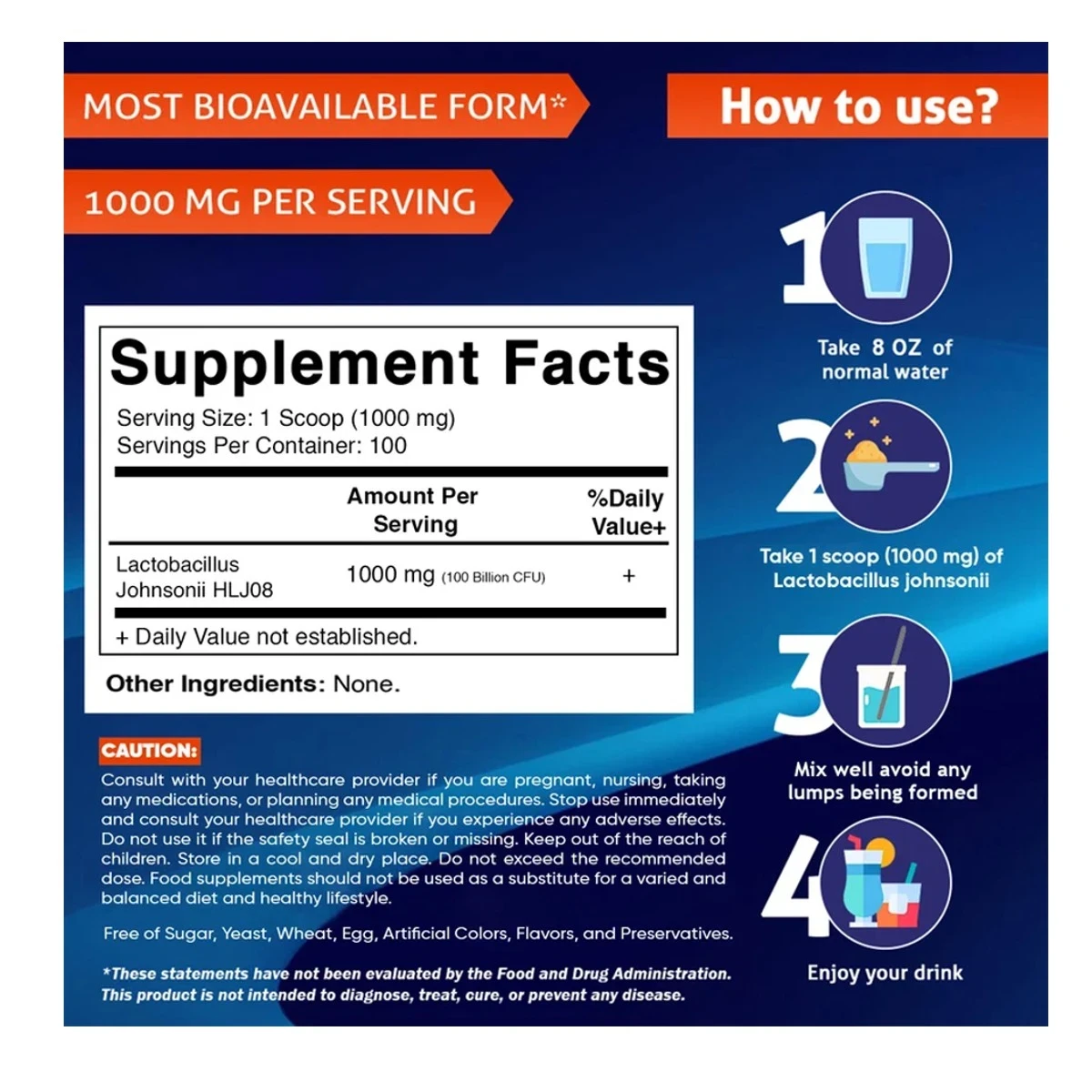 Vitamatic Lactobacillus Johnsonii Probiotic Powder Digestive Health Support 100 Gram 100 Servings 3.5 OZ ingredients