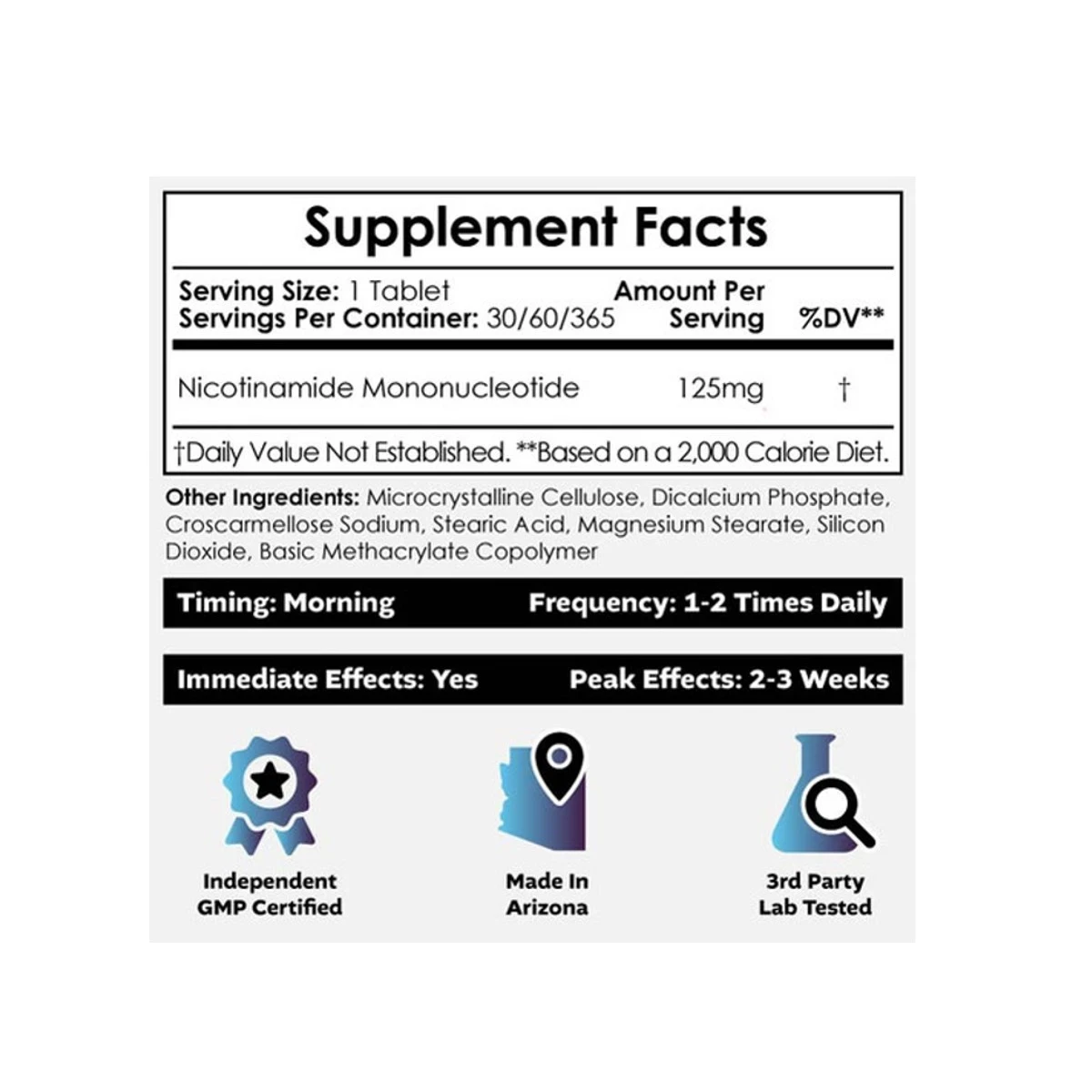 Nootropics Depot Nicotinamide Mononucleotide 125mg 60 Tablets ingredients