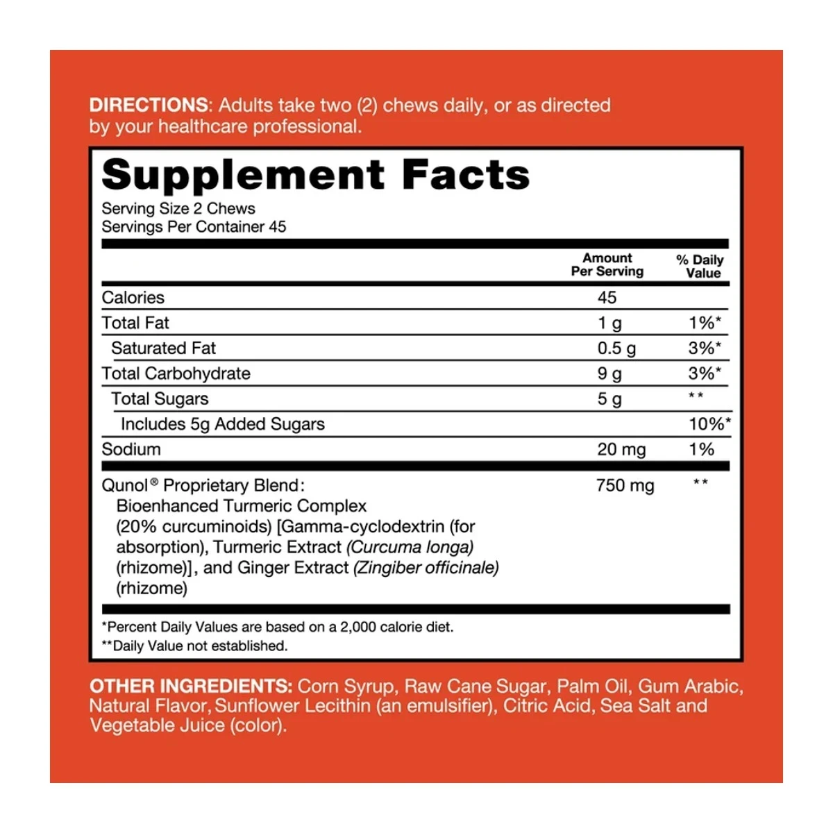Qunol Turmeric + Ginger Soft Chews 750 mg ingredients