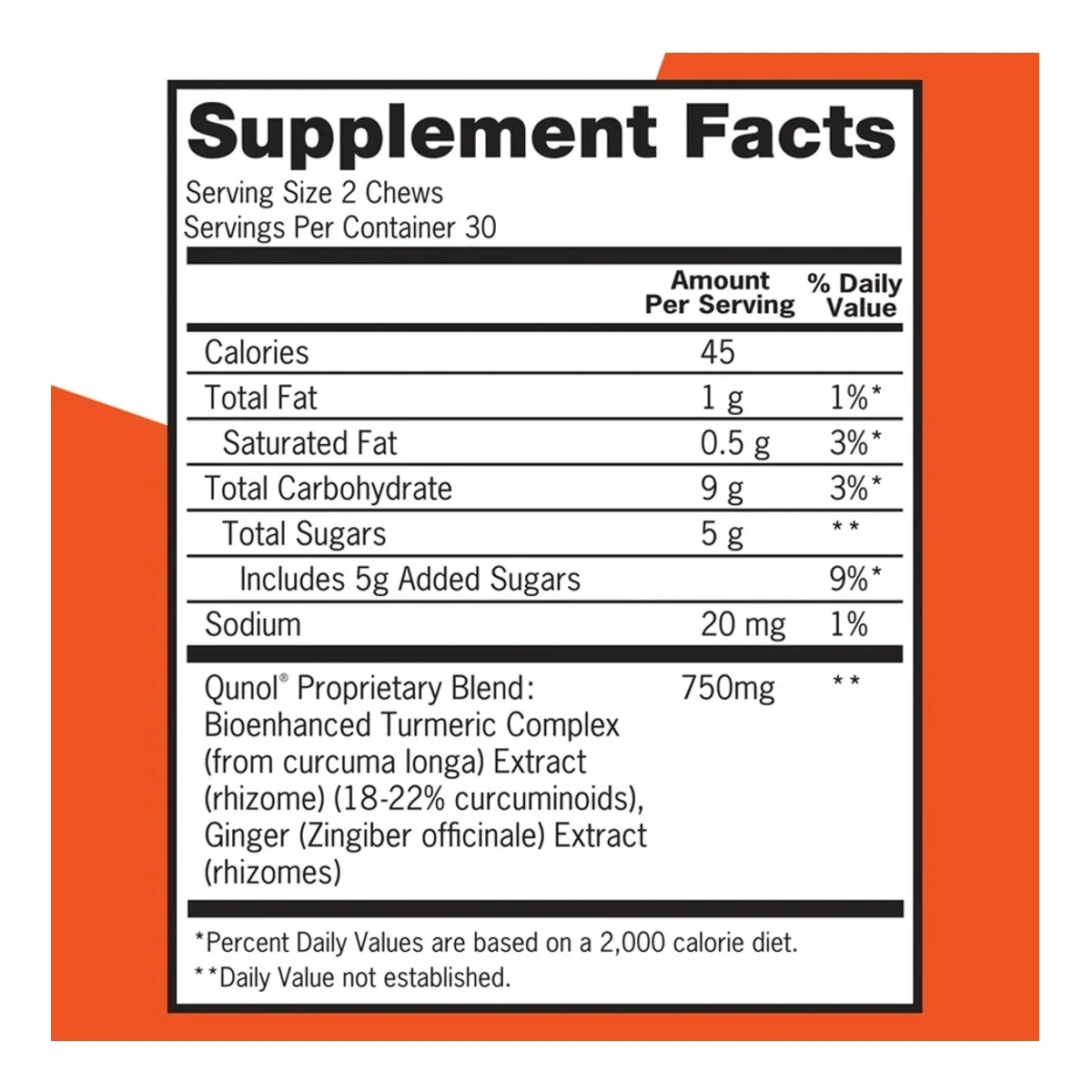 Qunol Turmeric + Ginger Soft Chews Flavour Orange 750 mg ingredients
