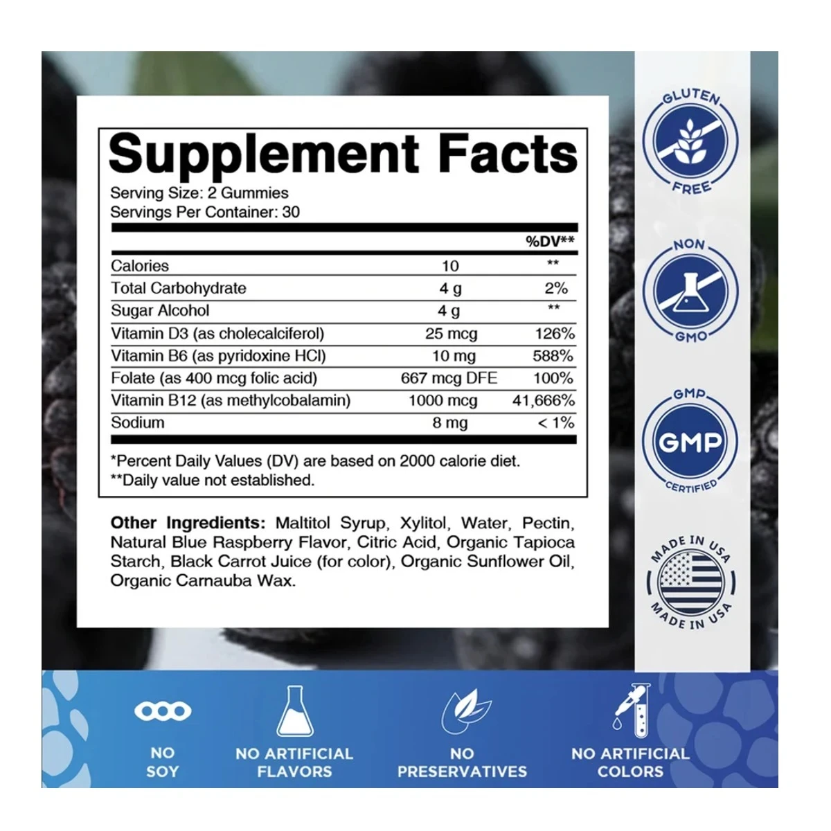 Vitamatic Vitamin D3 + B12 Gummies Natural Blue Raspberry Flavor 60 Gummies ingredients