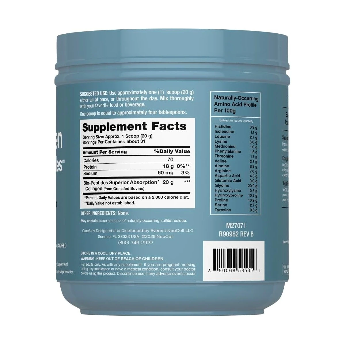 Neocell Grassfed Collagen Bio-Peptides, 20oz (567g) Powder ingredients