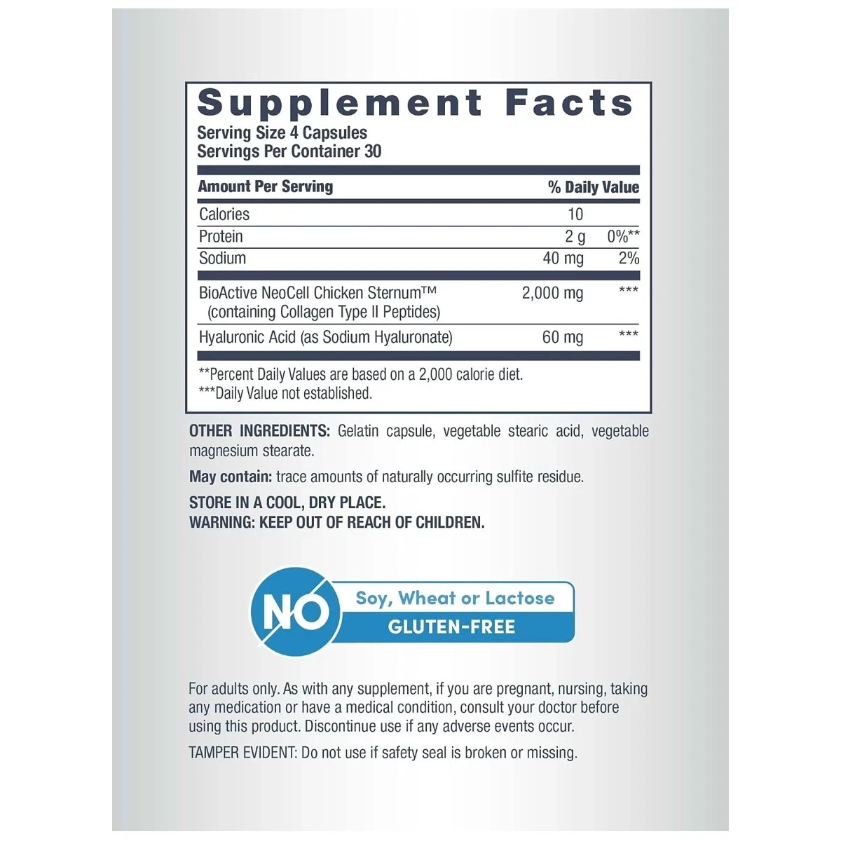 NeoCell Joint Complex Collagen Type 2 + Hyaluronic Acid, 120 Capsules ingredients