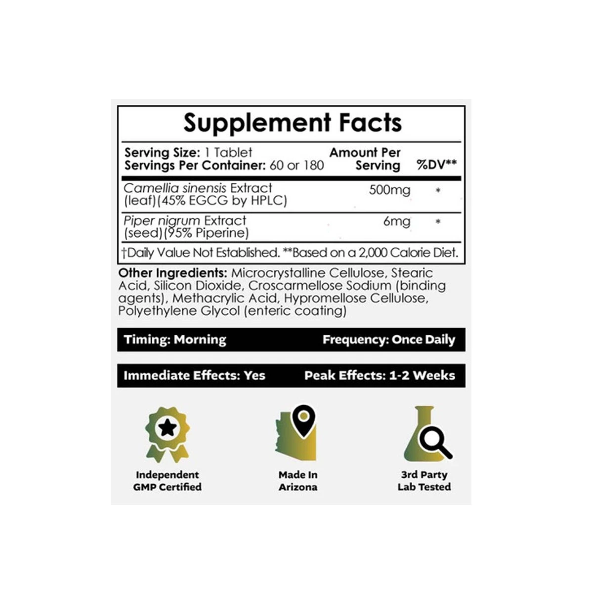 Nootropics Depot Green Tea Piperine 500mg 180 Tablets ingredients