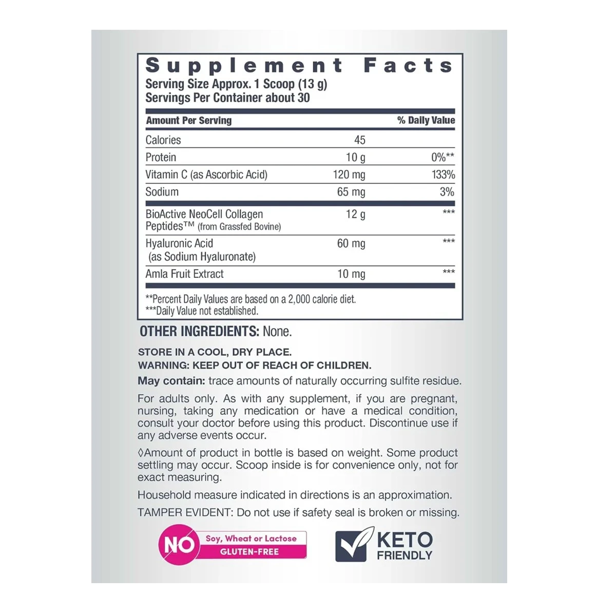 NeoCell Advanced Collagen Peptides + Hyaluronic Acid + C, 13.7 oz (390 g) Powder ingredients