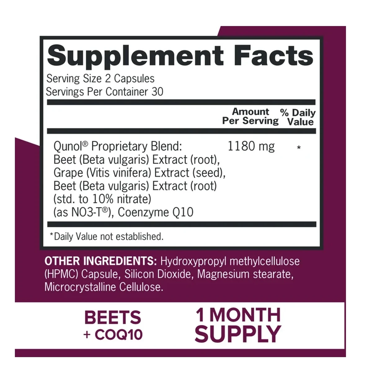 Qunol Blood Pressure Support Beets + CoQ10 & grape seed 1180mg 60 Capsules ingredients