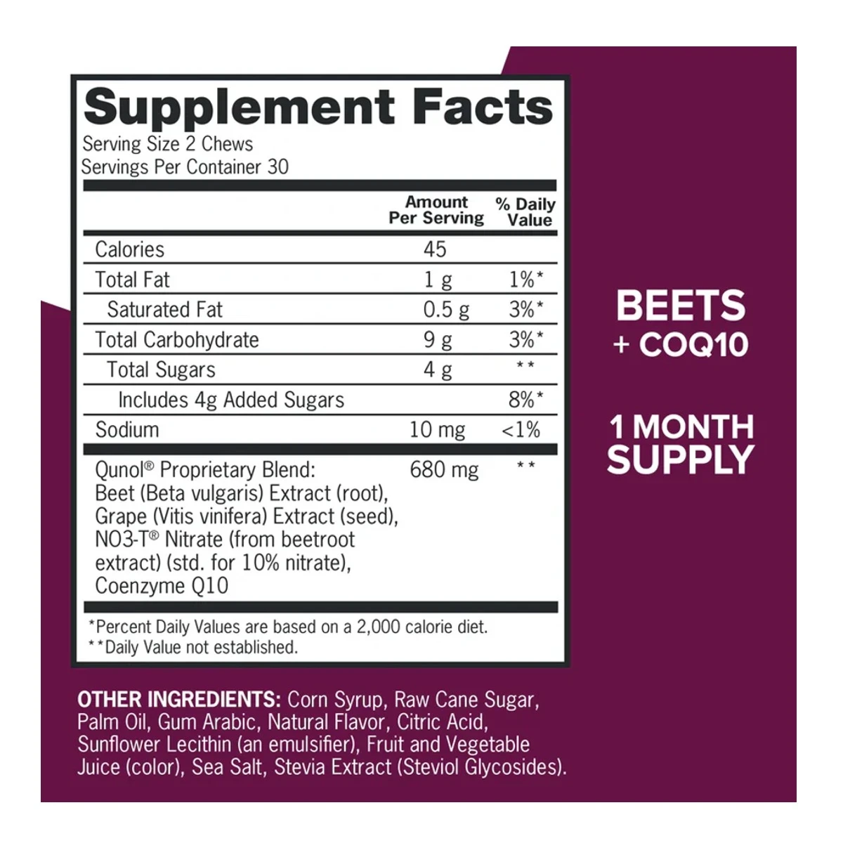 Qunol Blood Pressure Support Soft Chews Beets + CoQ10 B 60 Soft Chews ingredients