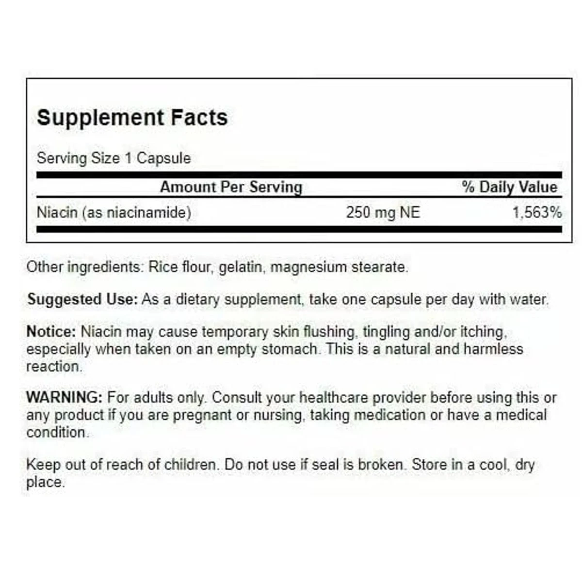 Swanson Niacinamide Energy Cardiovascular Support 250mg Per Capsule 250 Capsules ingredients