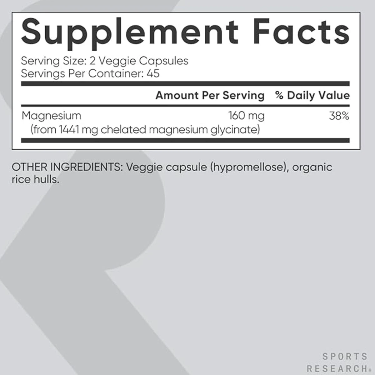 Sports Research Magnesium Glycinate Chelated 160Mg per Serving 90 Veggie Capsules ingredients
