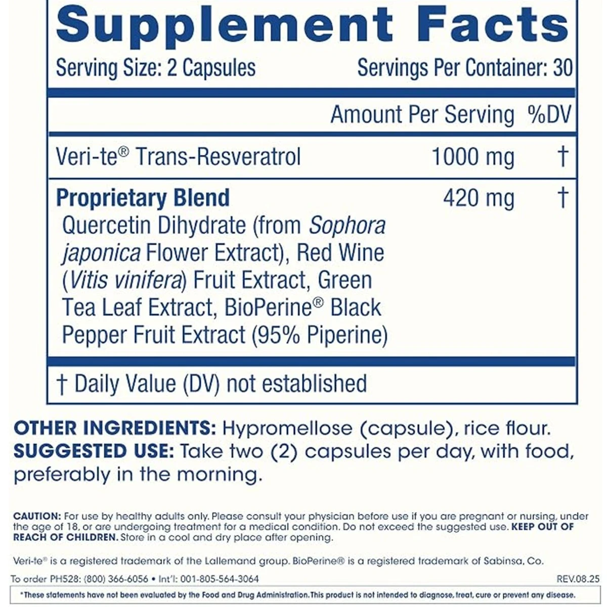 ProHealth Longevity 1000mg Trans-Resveratrol Plus 60 Capsules ingredients