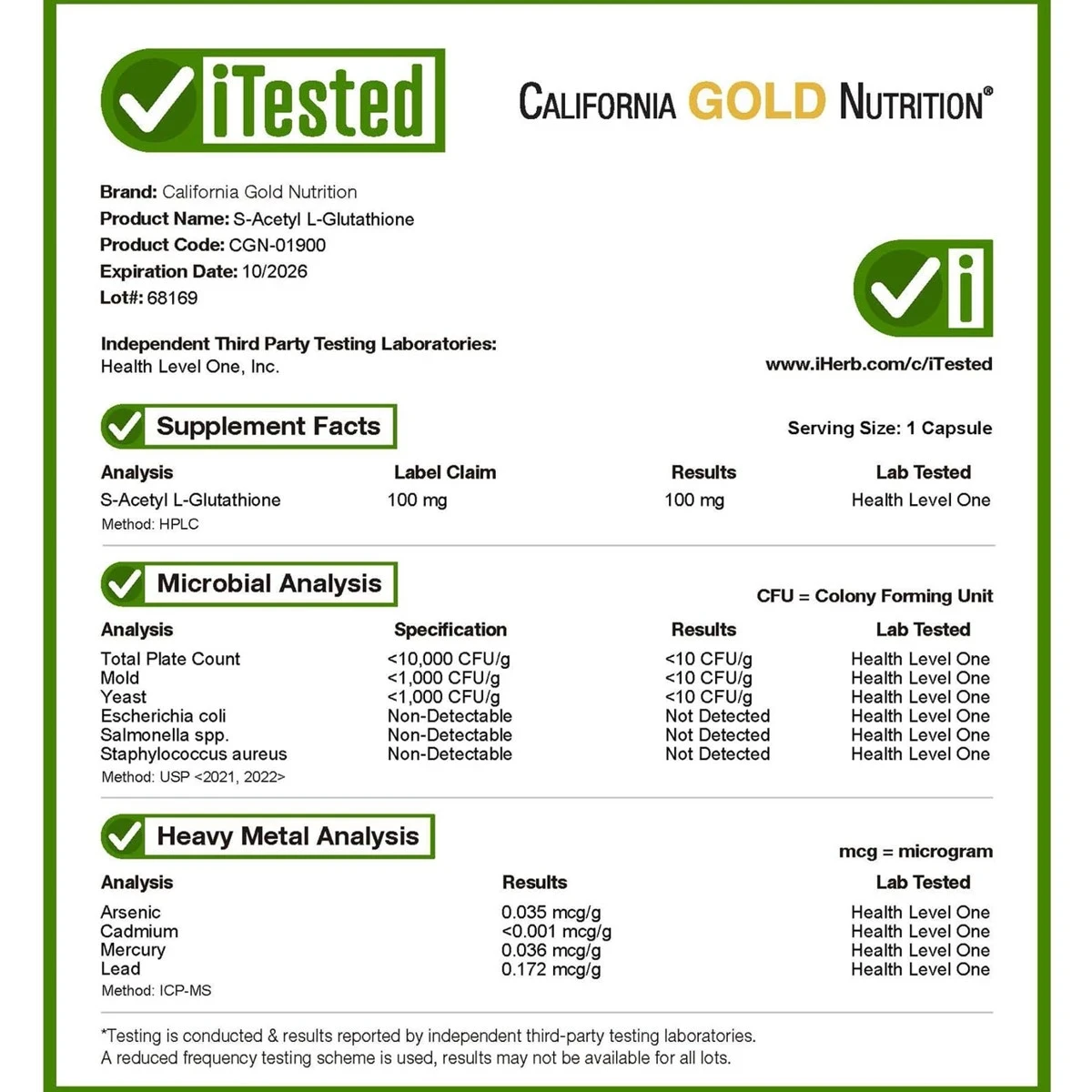 California Gold Nutrition S-Acetyl L-Glutathione 100mg 120 Veggie Capsules ingredients