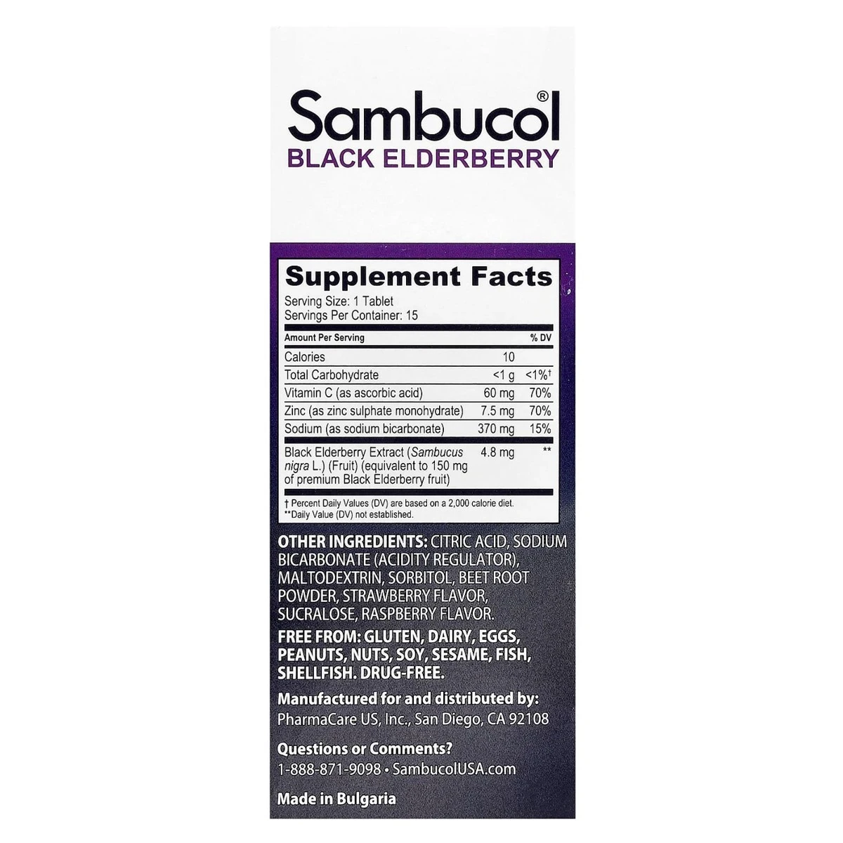 Sambucol Black Elderberry Effervescent Tablets + Vitamin C & Zinc 15 effervescent Tablets ingredients