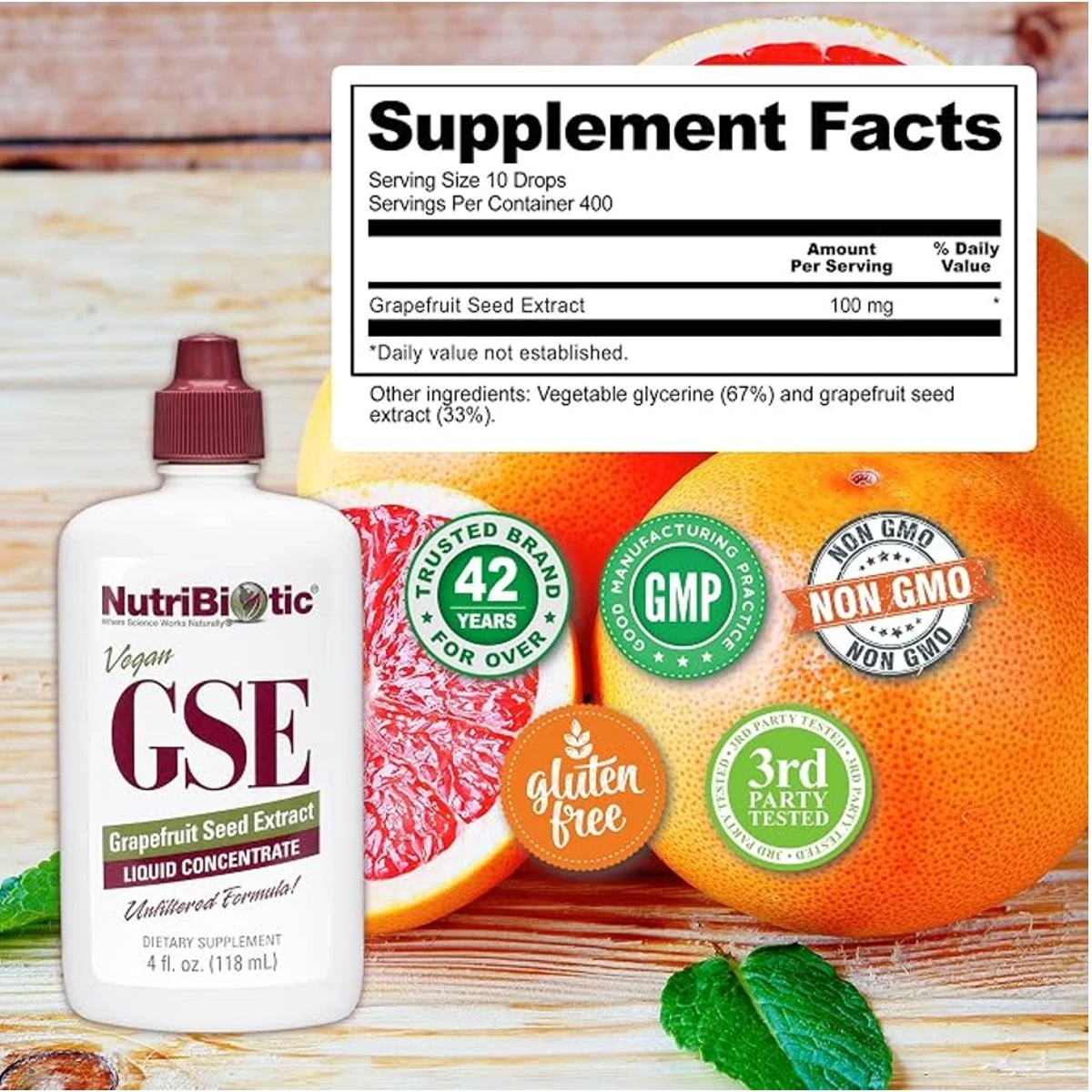 NutriBiotic Vegan GSE Grapefruit Seed Extract Liquid Concentrate 100mg 4 fl oz (118ml) ingredients