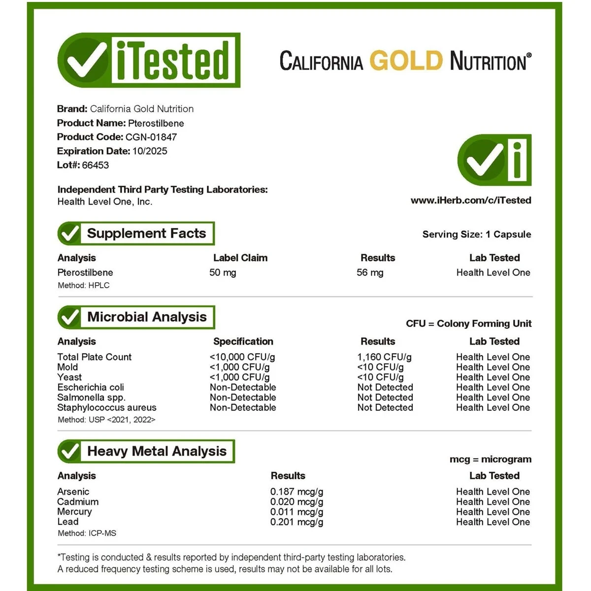 California Gold Nutrition Pterostilbene 50mg Antioxidant Support 30 Veggie Capsules ingredients