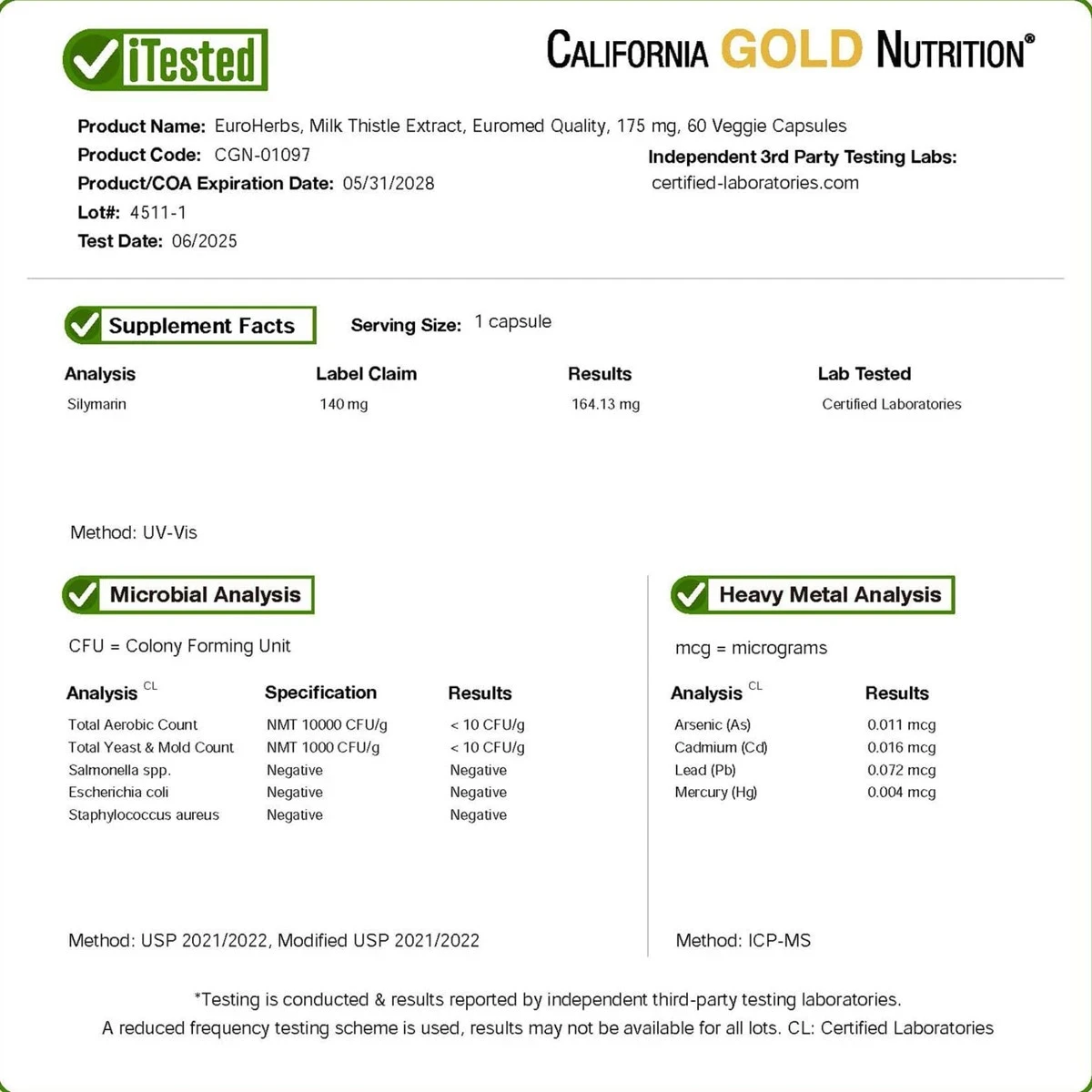 California Gold Nutrition EuroHerbs Milk Thistle Extract 175mg Per Serving 60 Veggie Capsules ingredients
