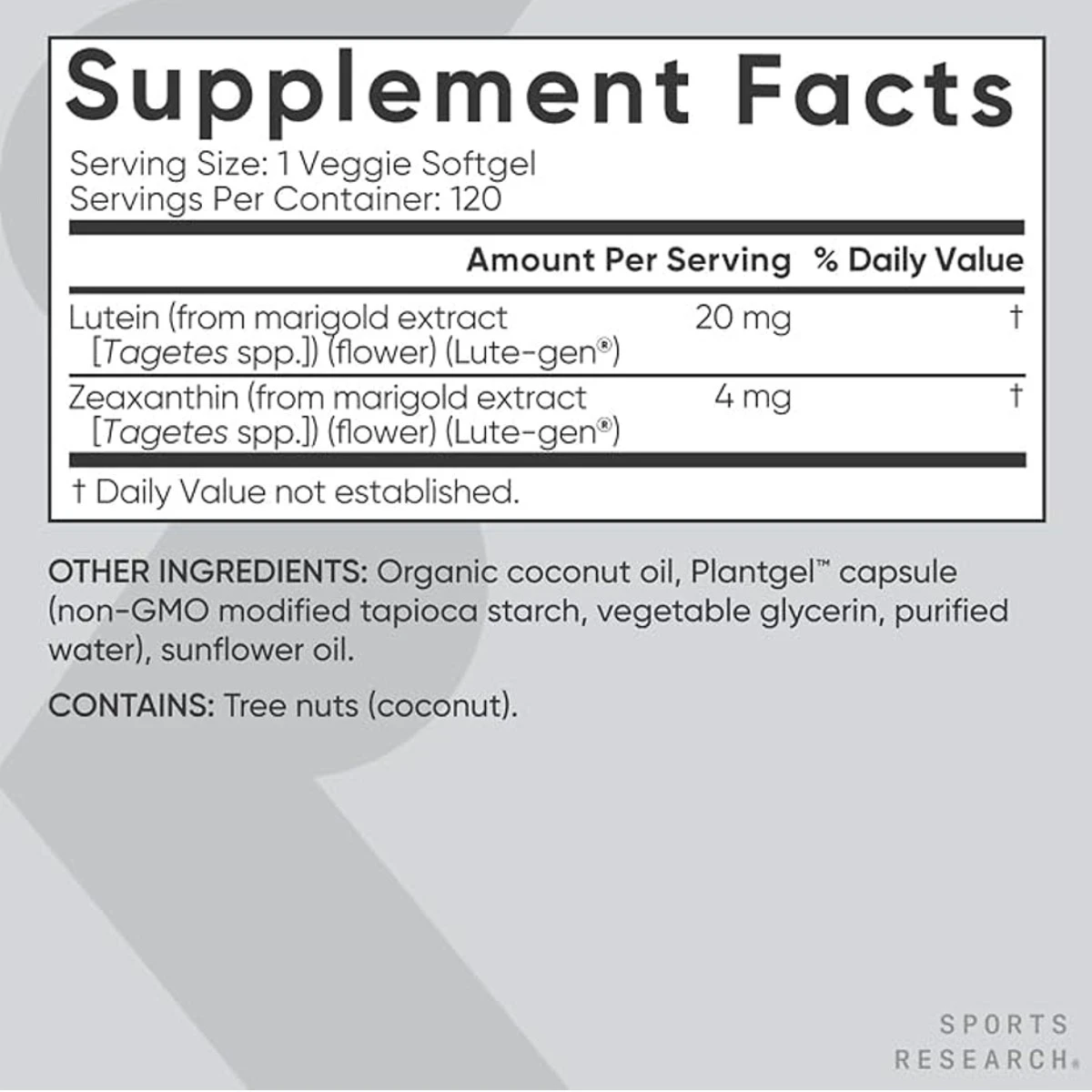 Sports Research Lutein + Zeaxanthin Plant-Based 120 Veggie Softgels ingredients