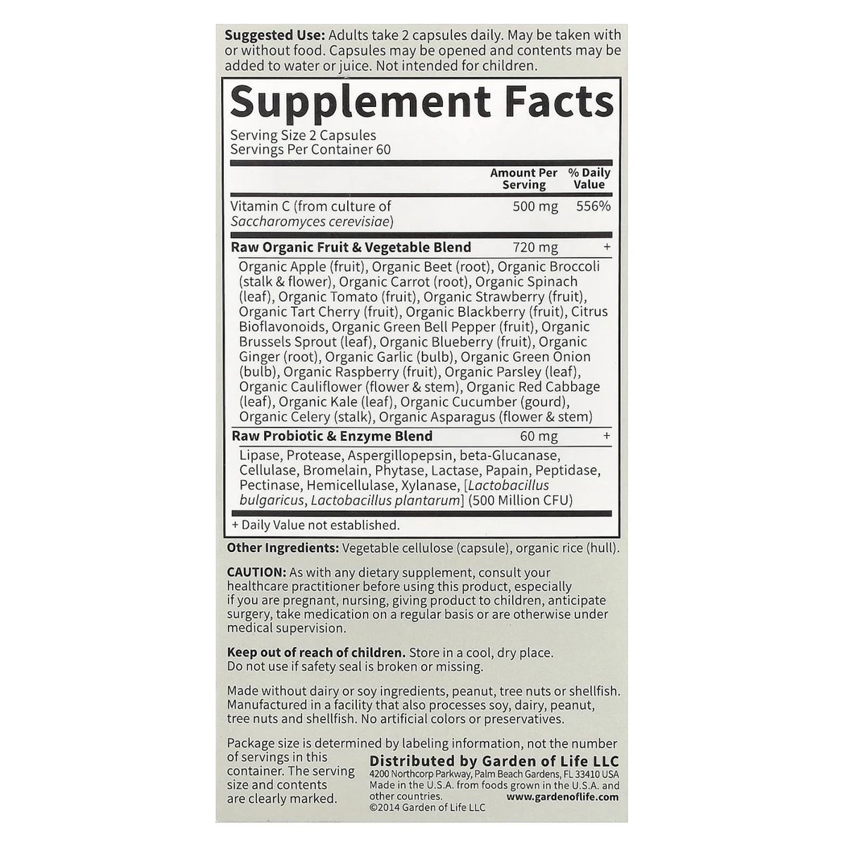 Garden of Life Vitamin Code RAW Vitamin C Immune System Support 120 Vegan Capsules ingredients