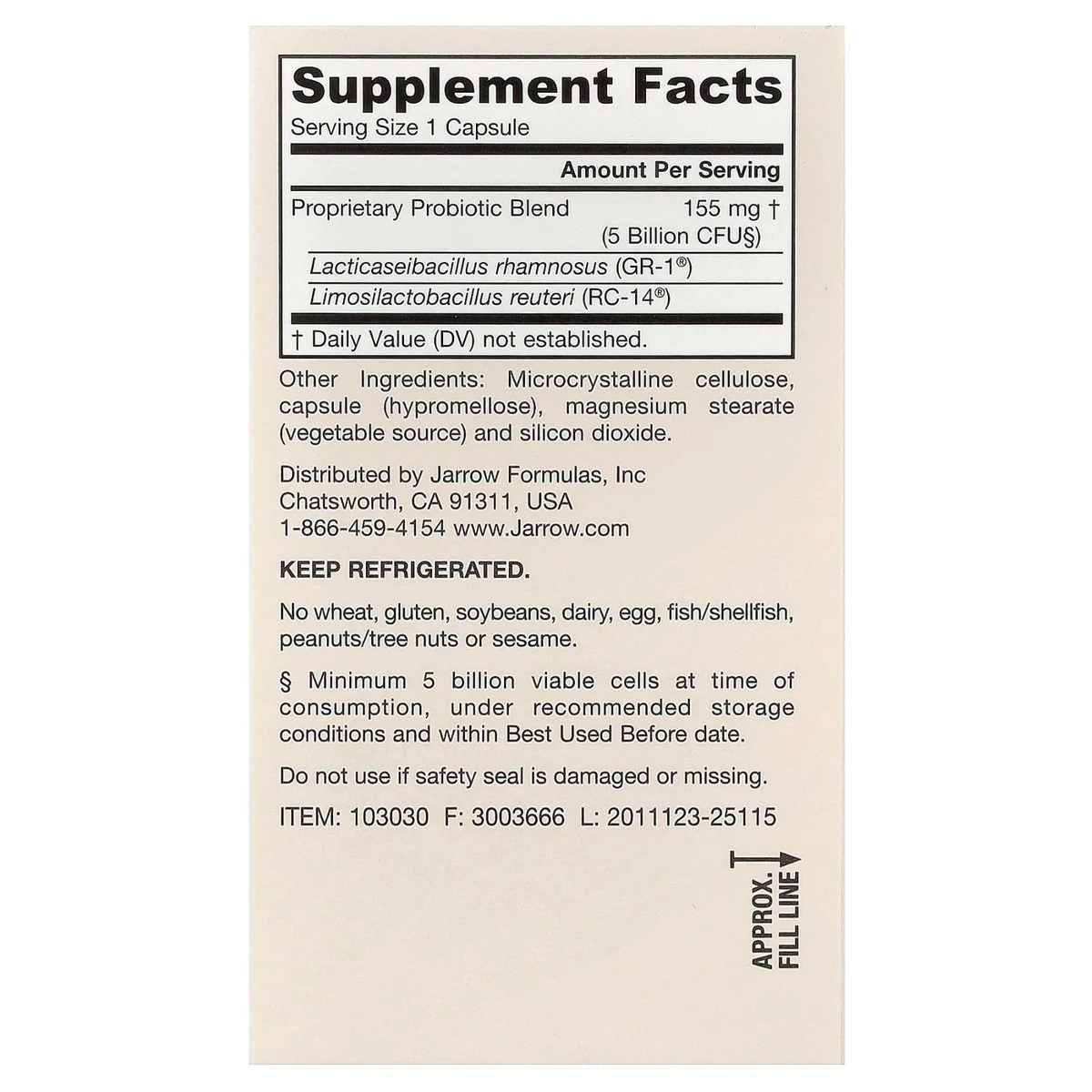 Jarrow Formulas Fem Dophilus 5 Billion CFU 60 Veggie Capsules ingredients