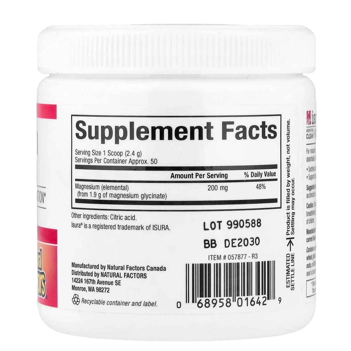Natural Factors Magnesium Pure Bisglycinate 200mg 4.23 oz (120g) ingredients
