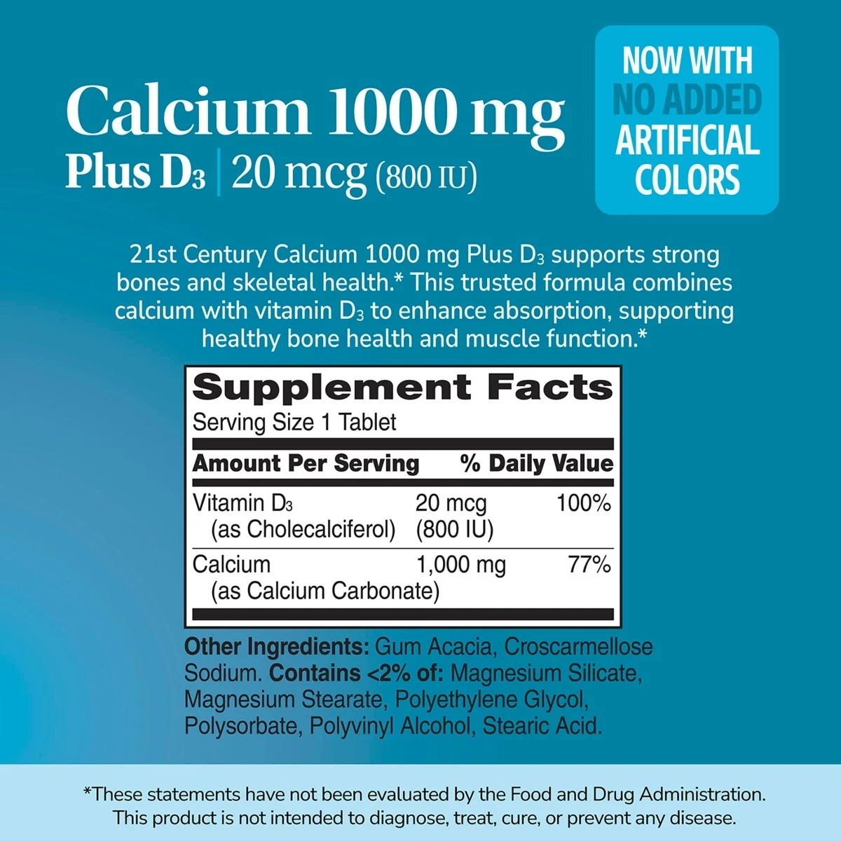 21st Century Calcium 1000mg Plus D3 90 Tablets ingredients