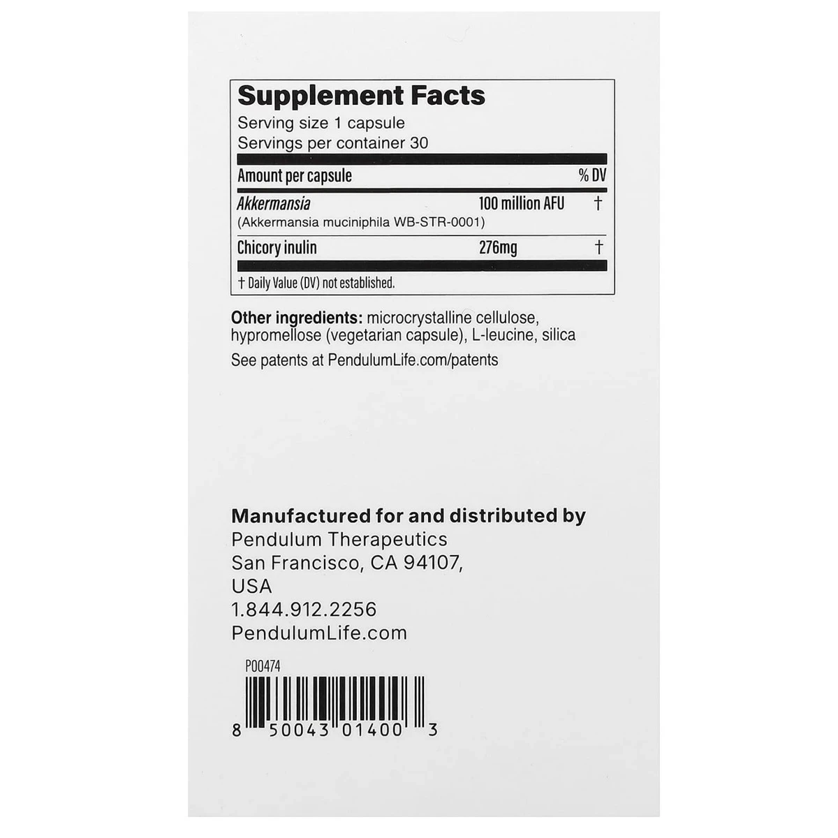 Pendulum Akkermansia Dietary Supplement 30 Capsules ingredients