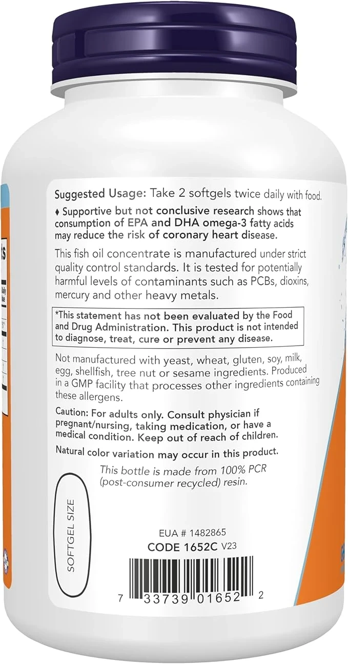 NOW Foods Molecularly Distilled Omega-3 Fish Oil 100mg Cardiovascular Support 100 Softgels thumbnail 3