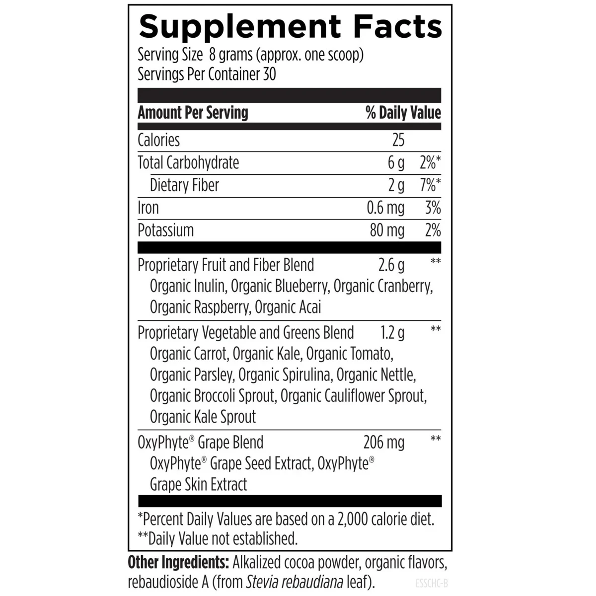 Designs For Health Essentiagreens And Reds Chocolate 8.4 Oz 240g powder ingredients