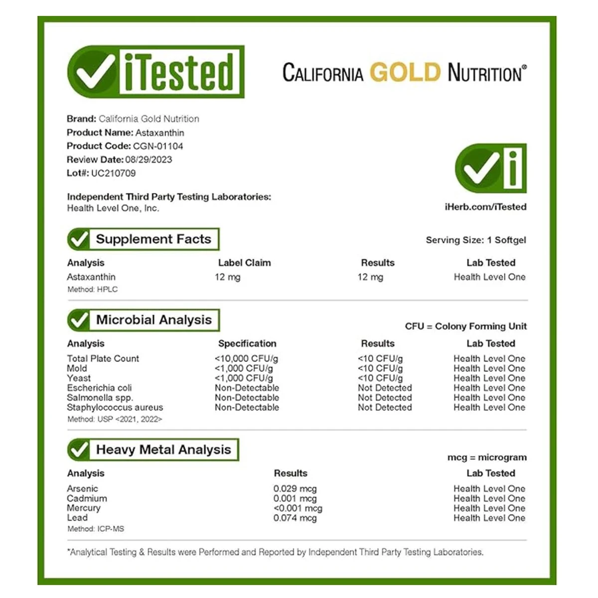 California Gold Nutrition Astaxanthin 10mg 120 Veggie Softgels thumbnail 6