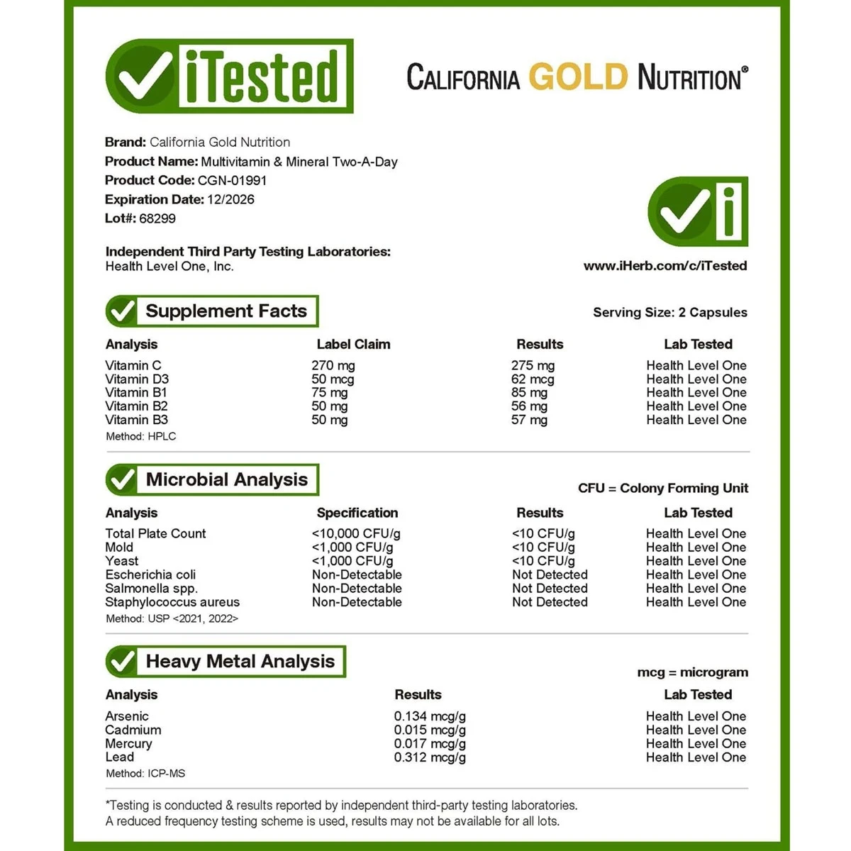 California Gold Nutrition Multivitamin and Mineral Two-A-Day 180 Veggie Capsules thumbnail 6