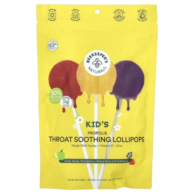 Beekeeper's Naturals Kids Propolis Throat Soothing Lollipops Green Apple Strawberry+Mixed Berry with Elderberry 15 Lollipops