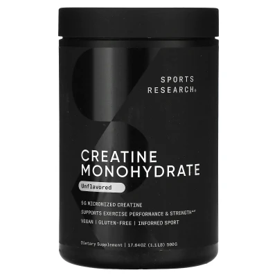 Creatine Monohydrate Unflavoured Sports Research 1.1 Lb (500 G) Supports Exercise Performance & Strengt
