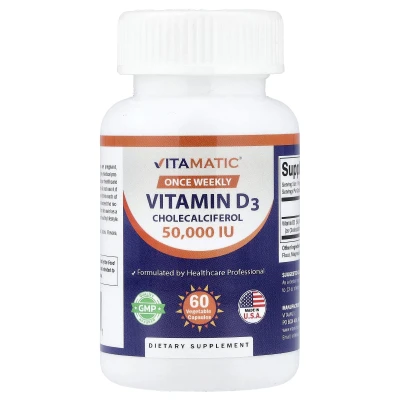 Vitamatic Once Weekly Vitamin D3 Cholecalciferol (50000 IU) 1250mcg Dietary Supplement 60 Veg